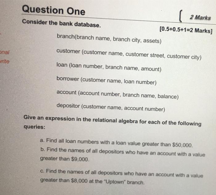  Question One ( 2 Marks Consider the bank database. [0.5+0.5+1=2 Marks]