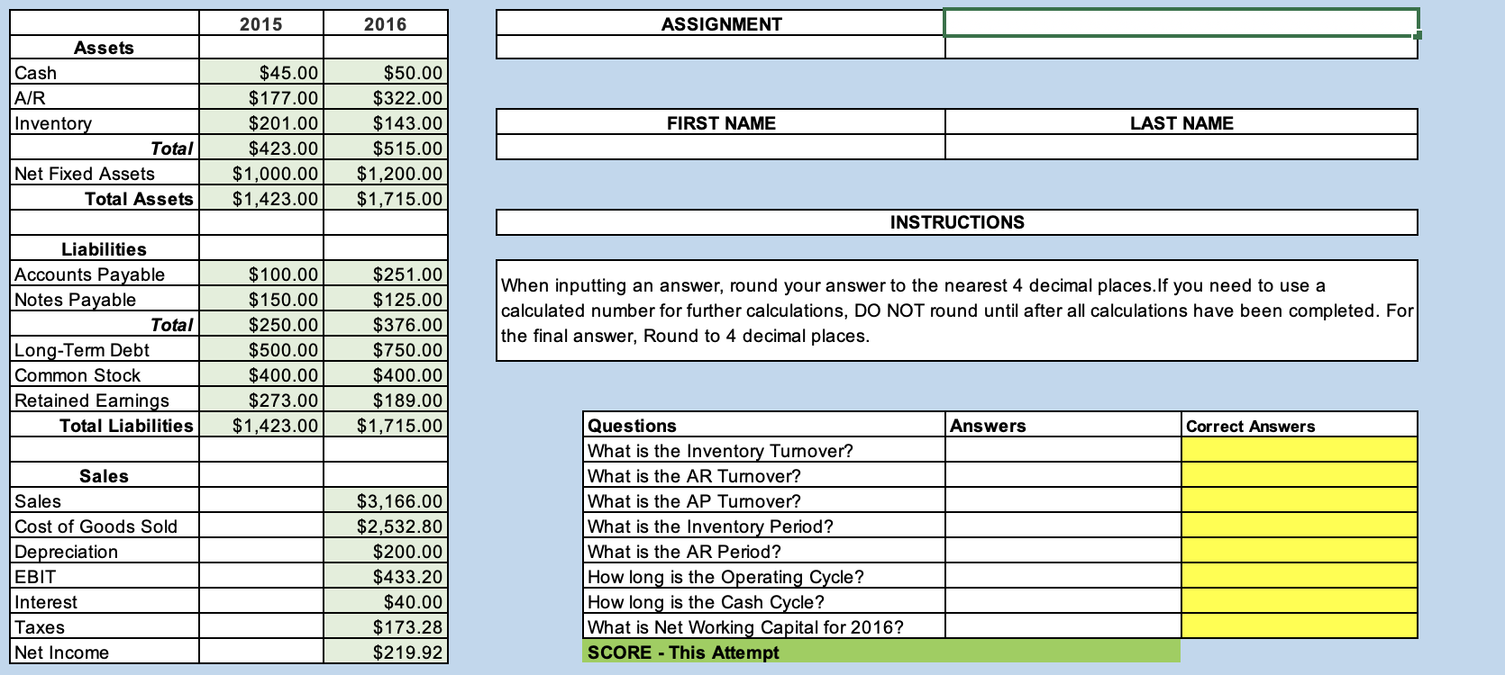  2015 2016 ASSIGNMENT Assets Cash A/R Inventory Total Net Fixed Assets