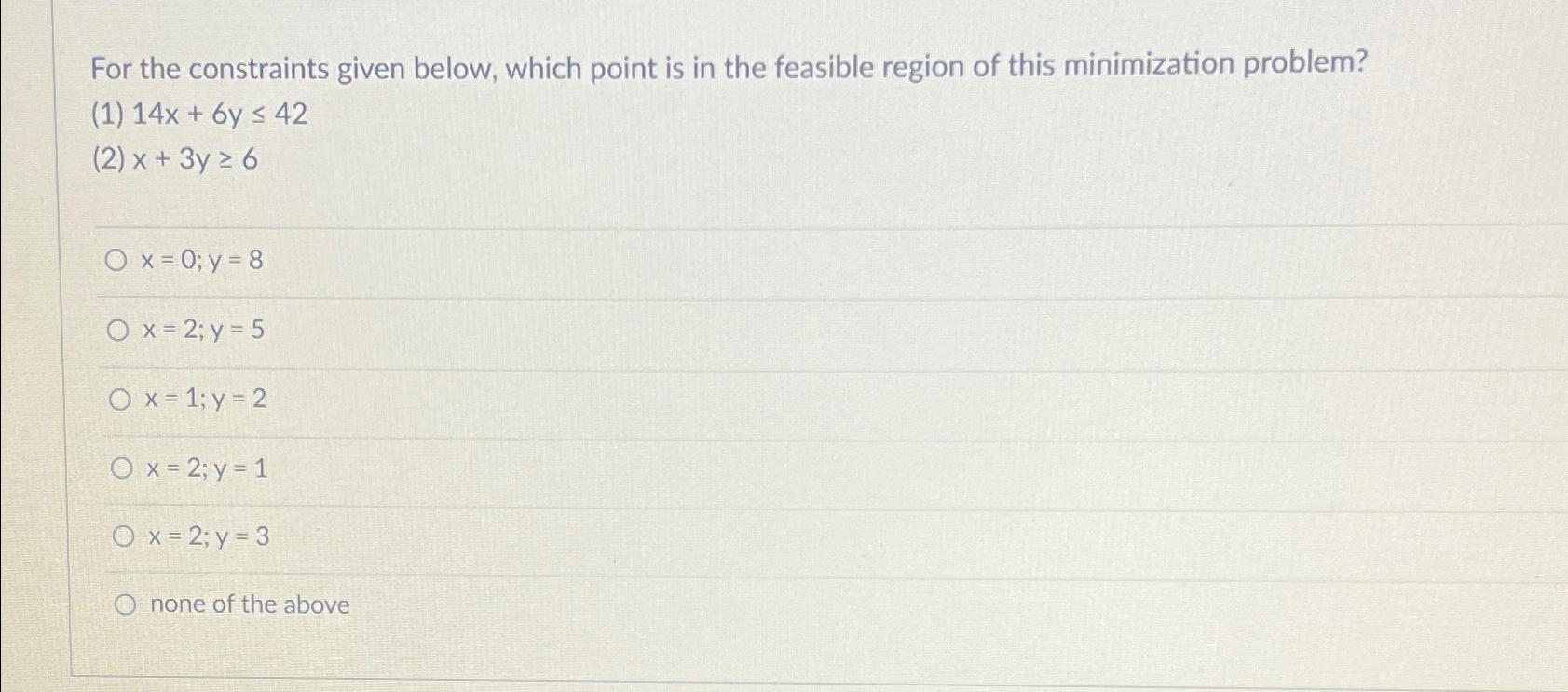  For the constraints given below, which point is in the feasible