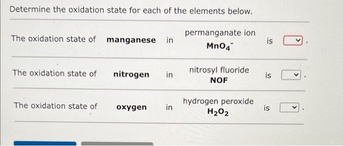  Determine the oxidation state for each of the elements below. The