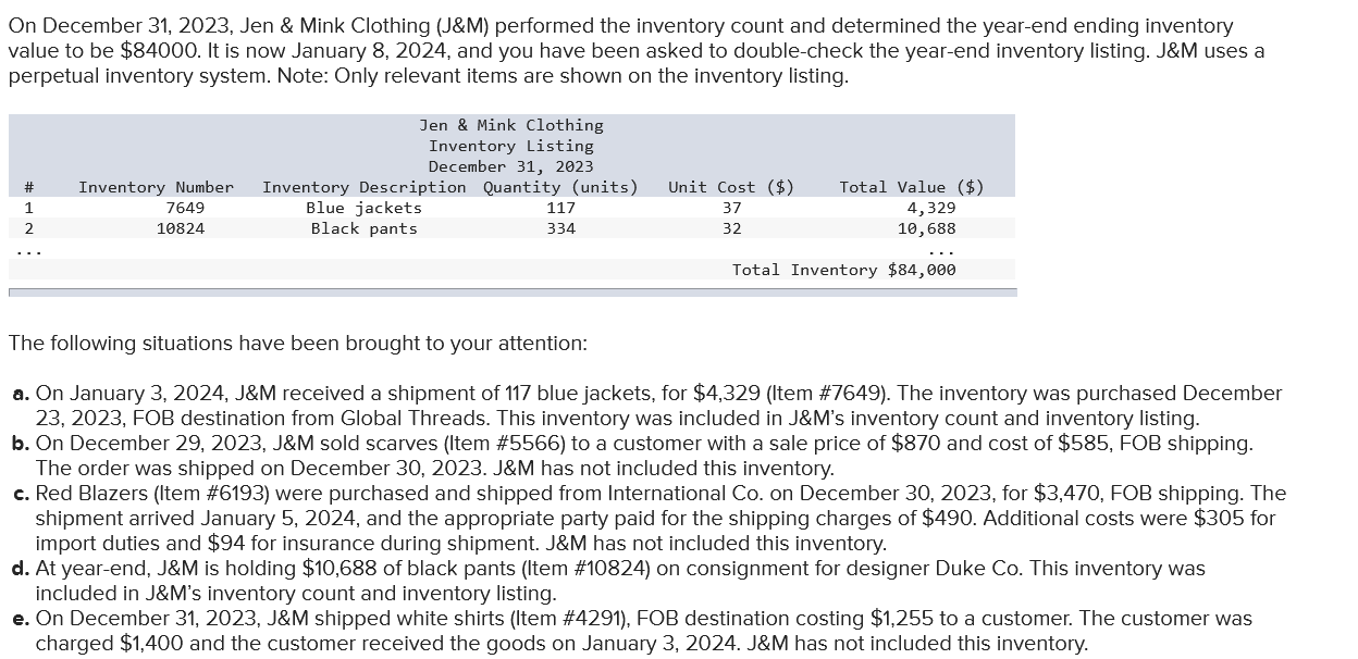  On December 31,2023, Jen & Mink Clothing (J&M) performed the inventory