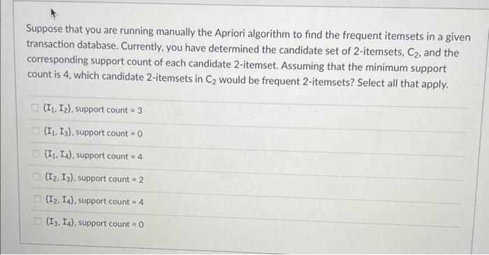  Suppose that you are running manually the Apriori algorithm to find