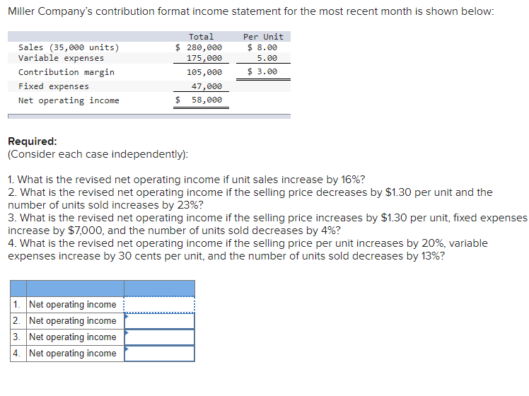  Miller Company's contribution format income statement for the most recent month