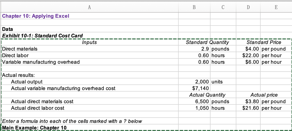  Chapter 10: Applying Excel Data Exhibit 10-1: Standard Cost Card Enter