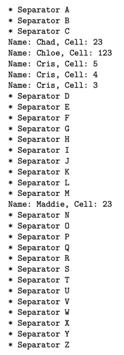 { Rolodex r = new Rolodex (); r.addCard("Chloe", "123"); r.addCard("Chad", "23"); r.addCard("Cris",