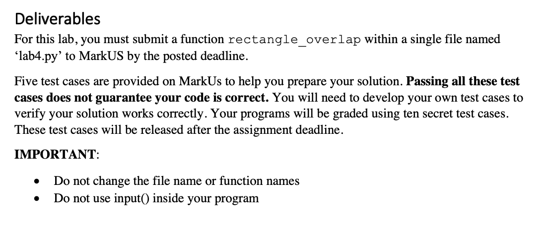  Deliverables For this lab, you must submit a function rectangle_overlap within