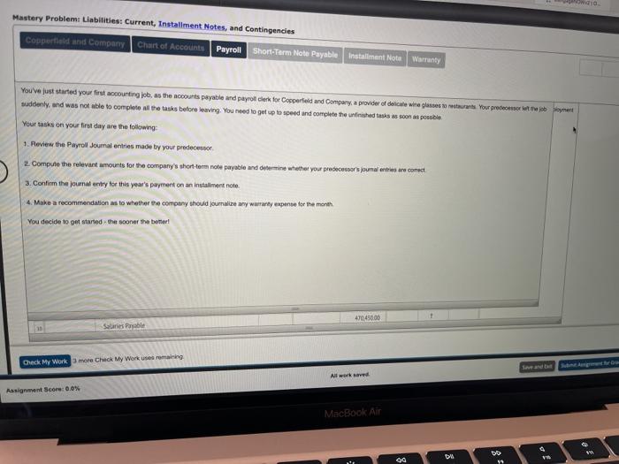  Mastery Problems Liabilities: Current, Installment Notes, and contingencies Copperfield and Company