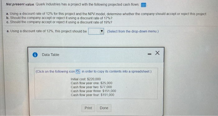  Net present value Quark Industries has a project with the following