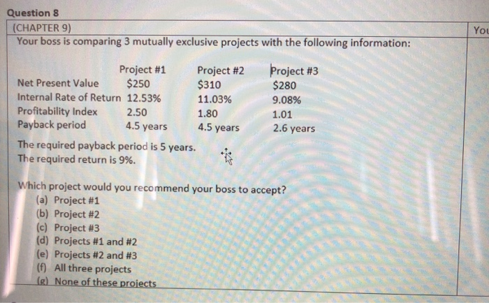 i will rate!!! Question 8 (CHAPTER 9) Your boss is comparing 3