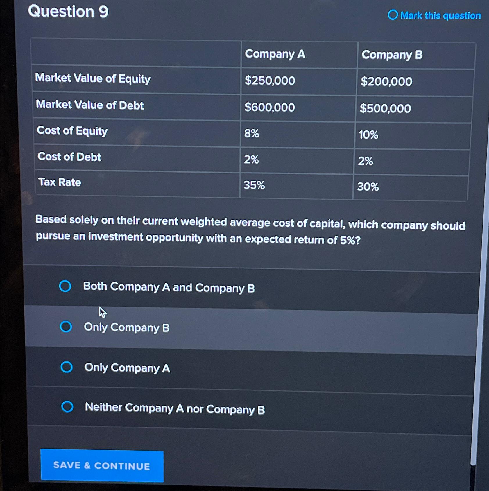  Question 9 Mark this question \table[[,Company A,Company B],[Market Value of Equity,$250,000,$200,000