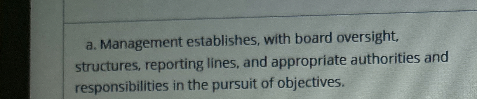  a. Management establishes, with board oversight, structures, reporting lines, and appropriate