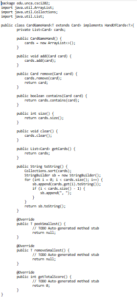 "main" java.lang.NullPointerException: Cannot invoke "edu.unca.csci202.Card.compareTo(edu.unca.csci202.Card)" because the return value of "java.util.Stack.peek()" is