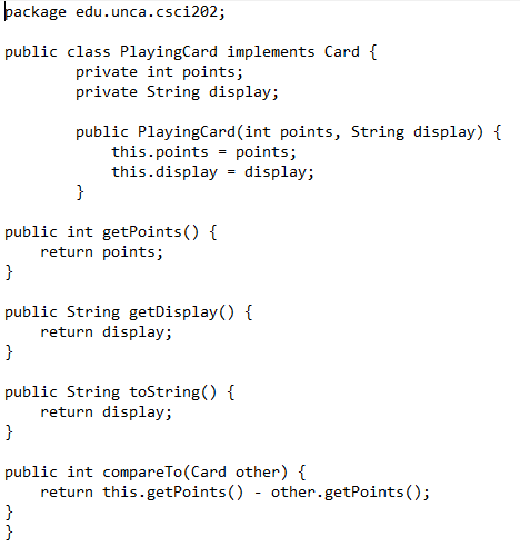 null at edu.unca.csci202.Player.takeTurn(Player.java:44) at edu.unca.csci202.CardGame.run(CardGame.java:107) at edu.unca.csci202.CardGame.main(CardGame.java:38) Card.java HandOfCards.java CardGame.java package edu.unca.csci202;