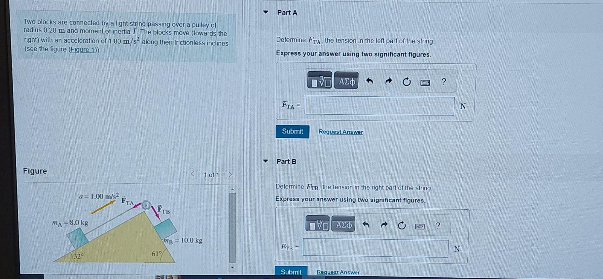  Two blocks are connected by a light string passing over a