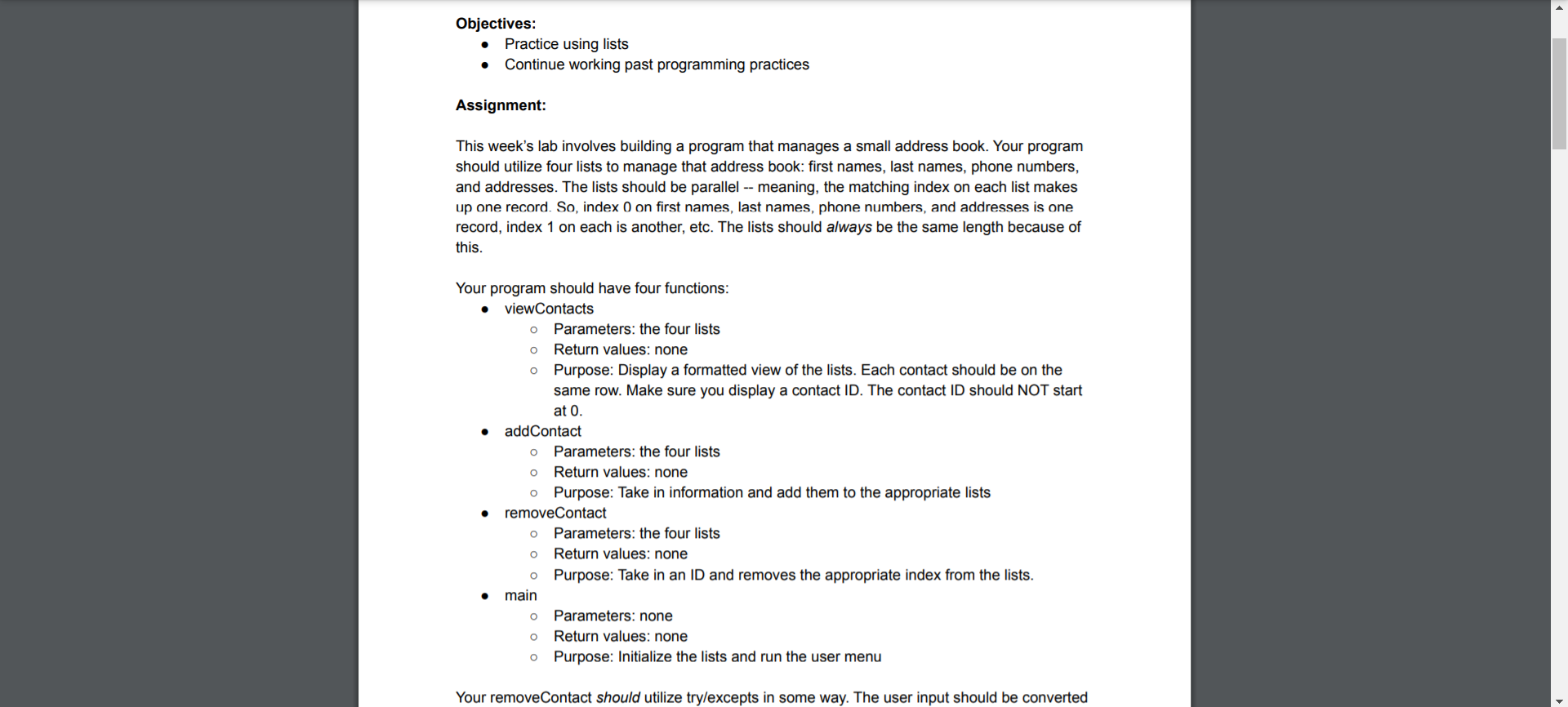 Please show in Python 3.9 and show all options/error messages. Objectives: Practice