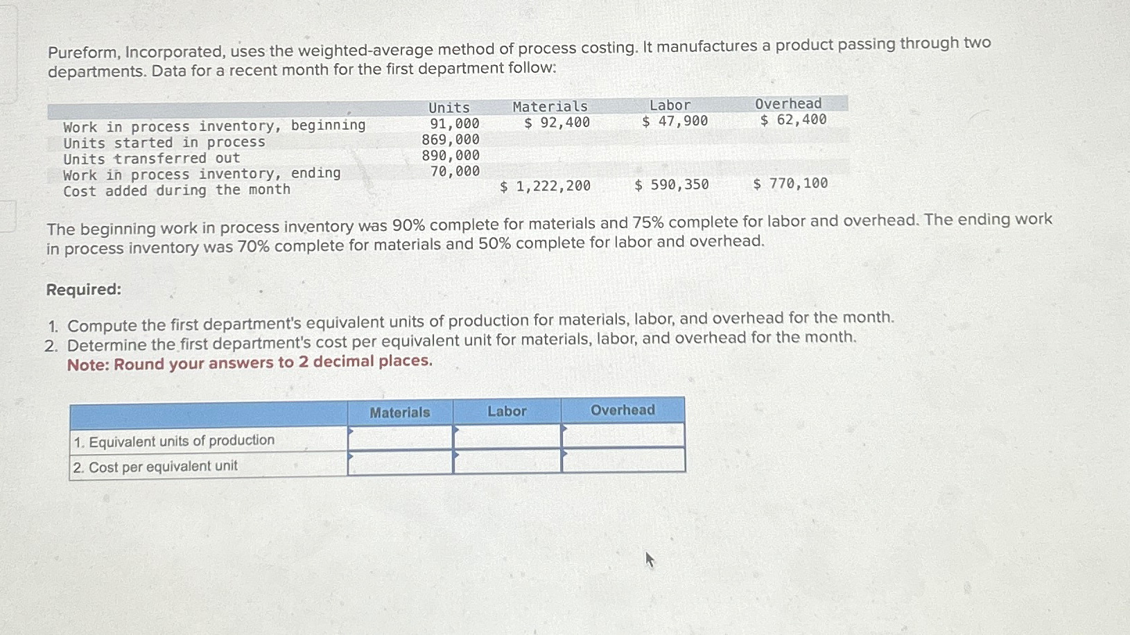 Pureform, Incorporated, uses the weighted-average method of process costing. It manufactures