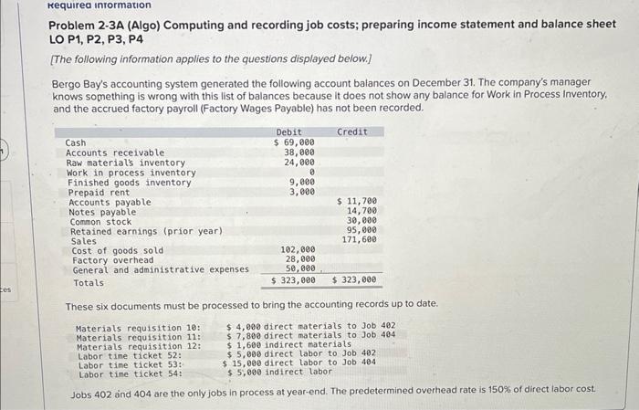  question help Problem 2-3A (Algo) Computing and recording job costs; preparing