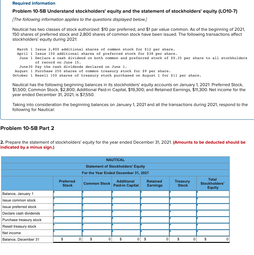 Required information Problem 10-5B Understand stockholders' equity and the statement of