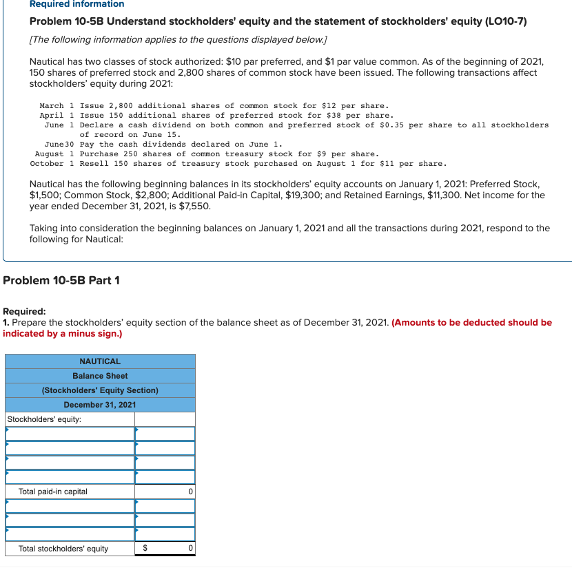 stockholders' equity (L010-7) (The following information applies to the questions displayed below.)