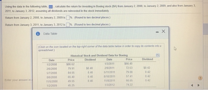  Using the data in the following table, E3. calculate the return