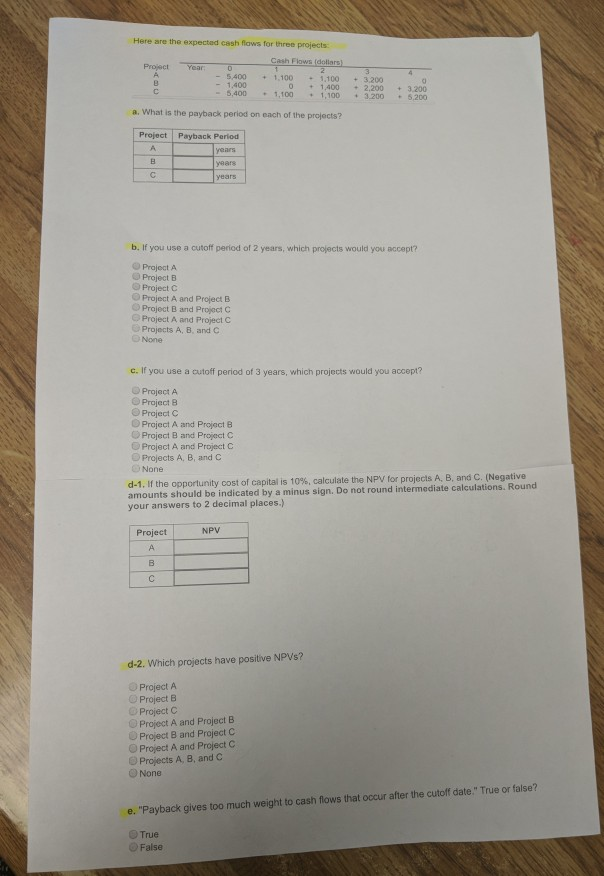 Here are the expected cash flows for three projects Cash Flows