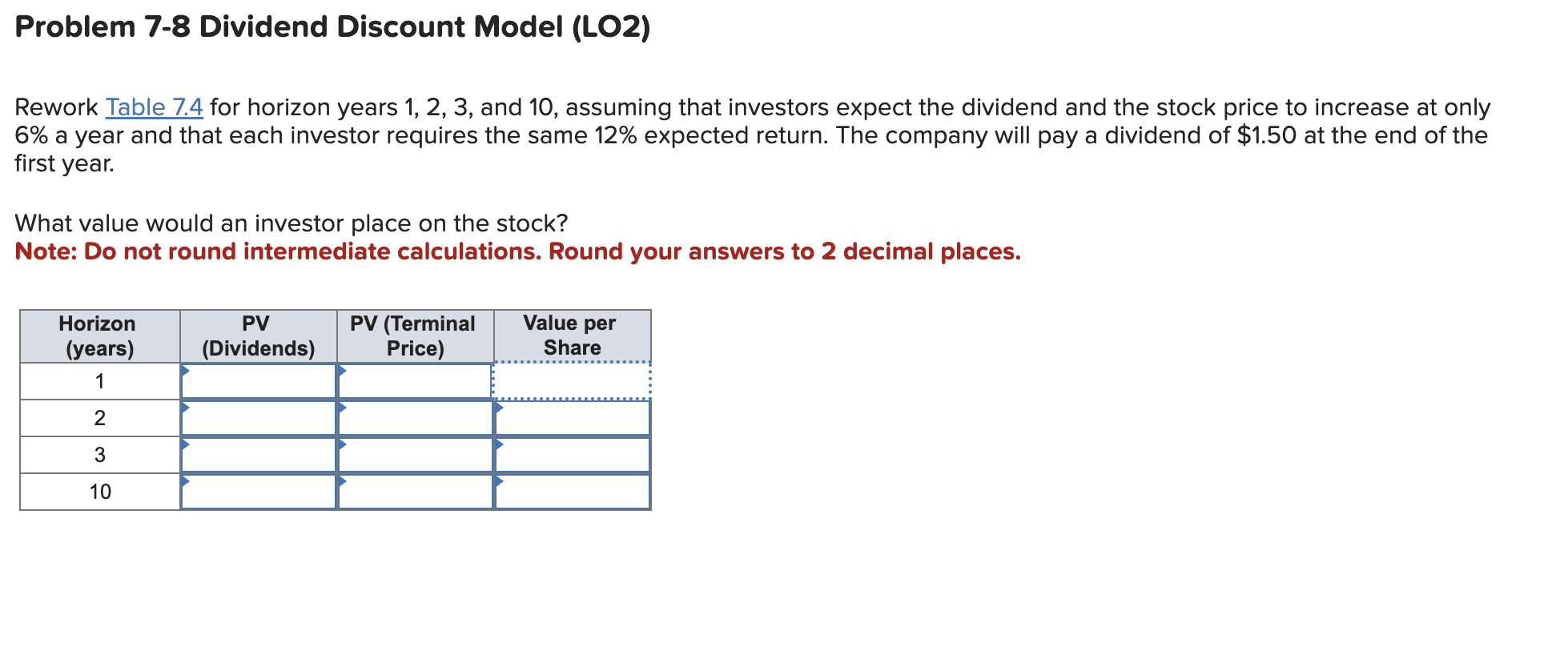  Problem 7-8 Dividend Discount Model (LO2) Rework Table 7.4 for horizon