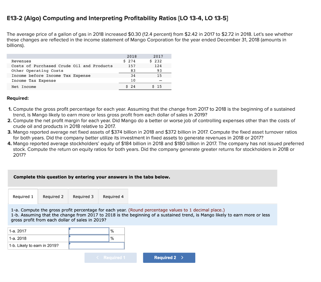  E13-2 (Algo) Computing and Interpreting Profitability Ratios (LO 13-4, LO 13-5]