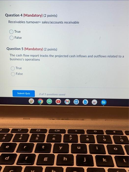 False Question 2 (Mandatory) (2 points) Total debt ratio= total assets/total debt