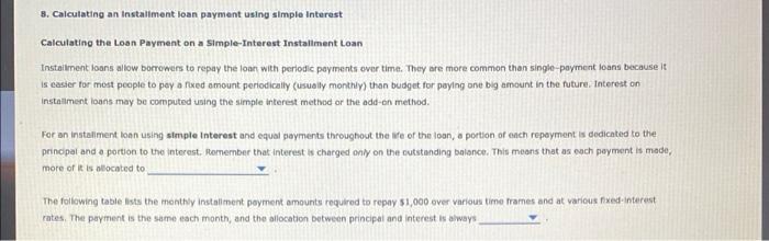  8. Calculating an installment loan payment using simple interest Calculating the