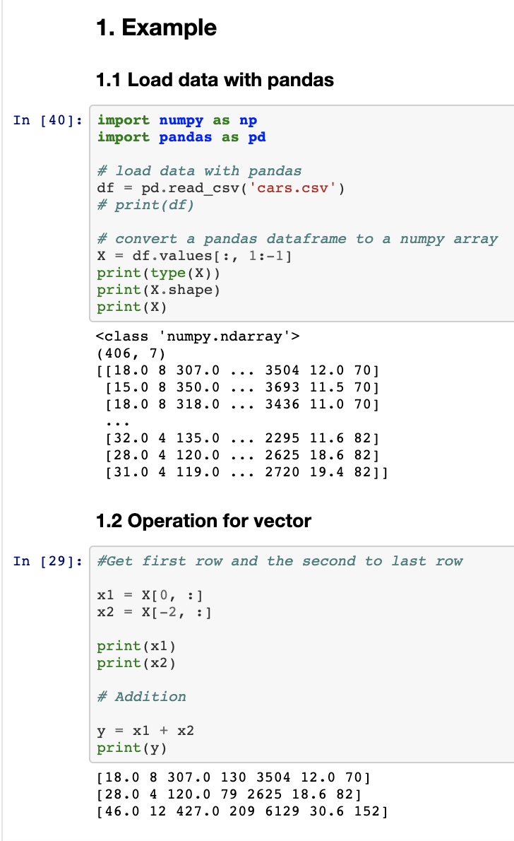 My python lap is about practicing vectors and matrices. Here is the