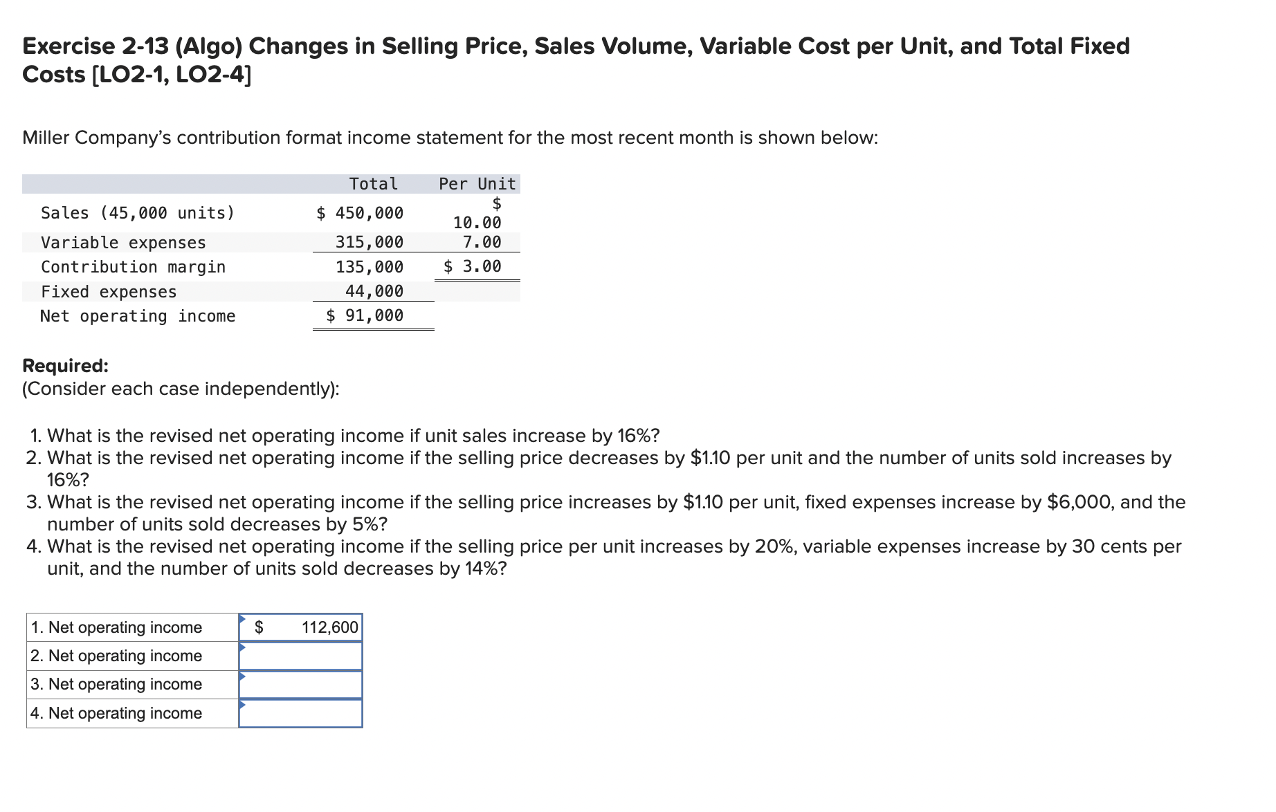  Exercise 2-13(Algo) Changes in Selling Price, Sales Volume, Variable Cost per