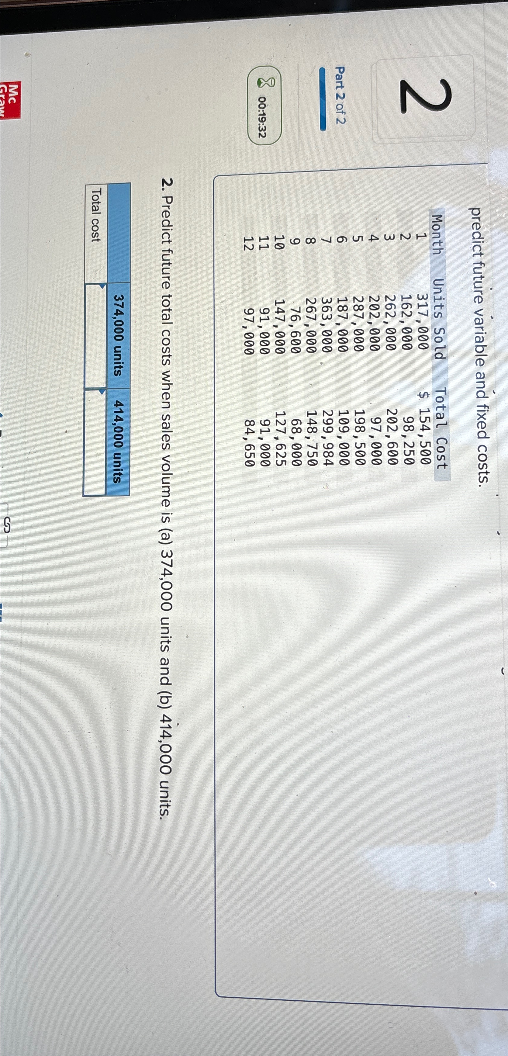  predict future variable and fixed costs. \table[[Month,Units Sold,Total Cost],[1,317,000,$154,500 