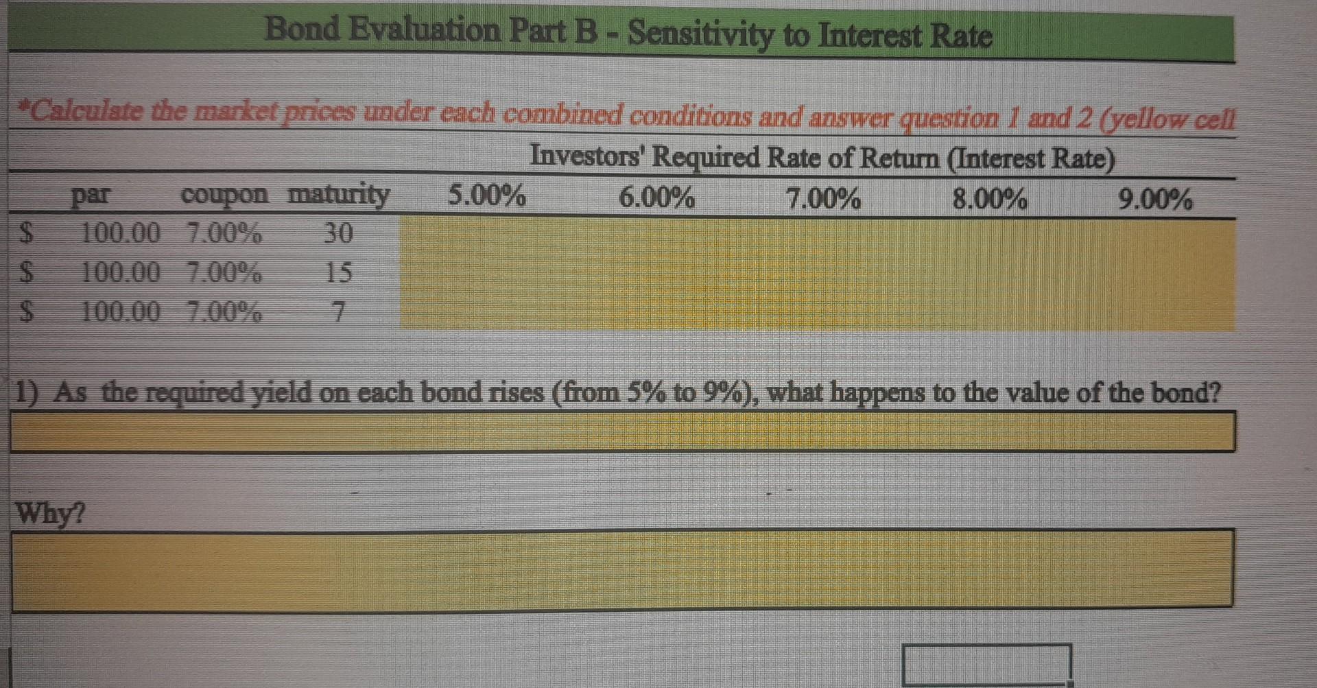 coupion bonds "Calculate the market prices under each combined conditions and answer