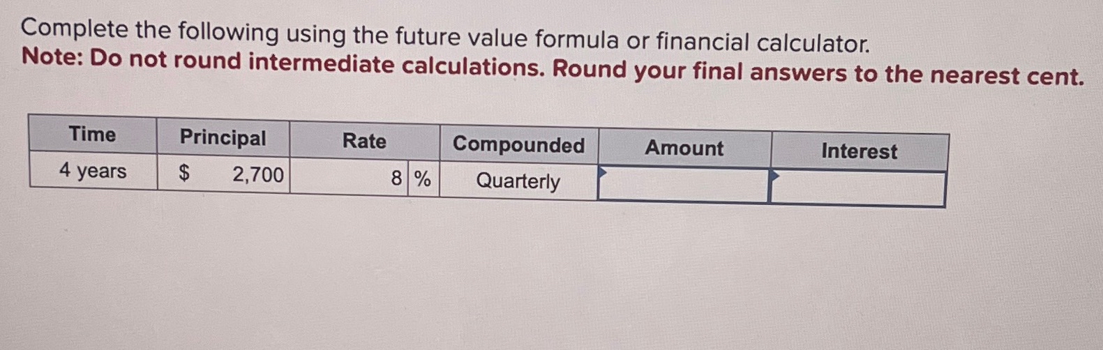  Complete the following using the future value formula or financial calculator.