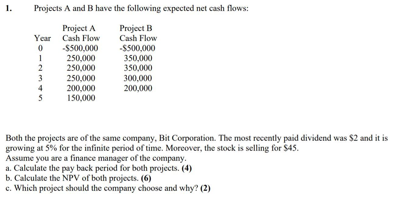  1. Projects A and B have the following expected net cash