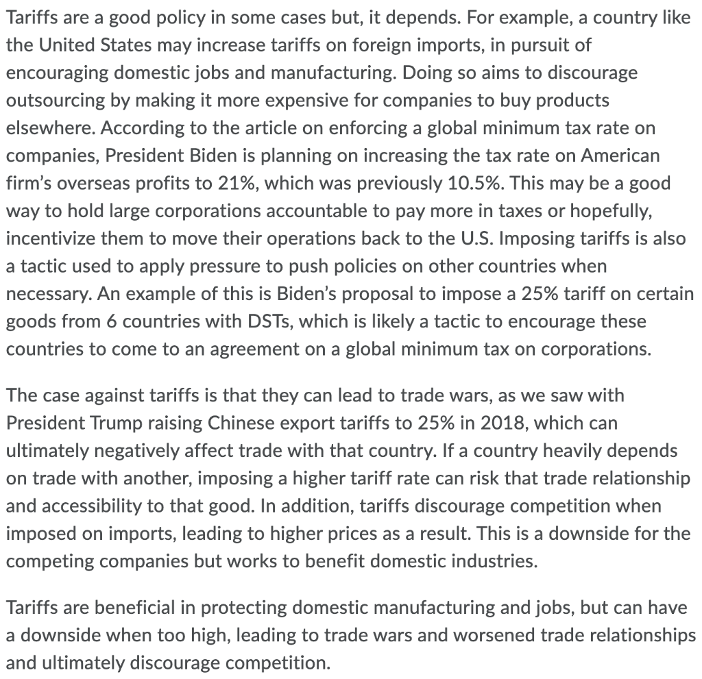 Create a response to this discussion post. Tariffs are a good policy