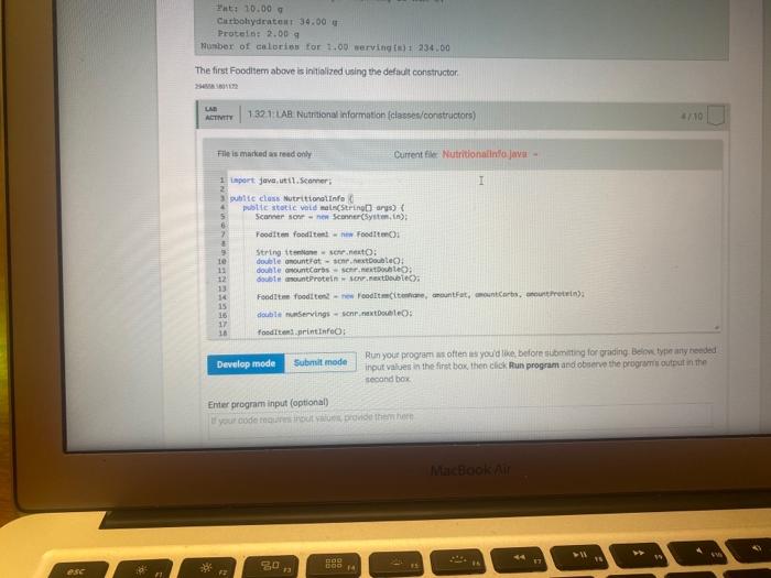 Class (in file Fooditemjave) with constructors to initialize each food itern. The