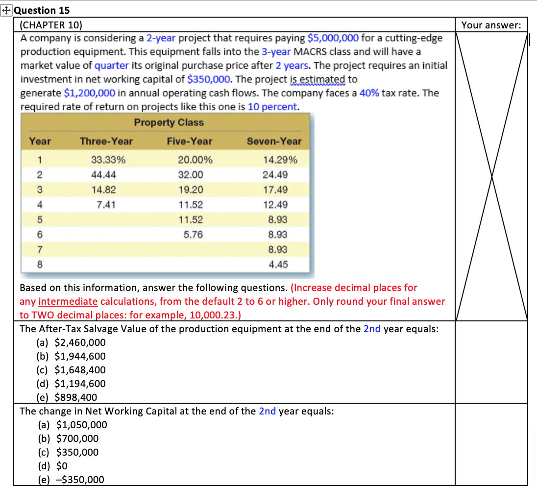  Your answer: + Question 15 (CHAPTER 10) A company is considering