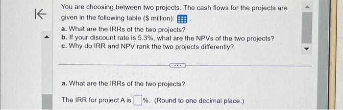  PLEASE SOLVE A-C You are choosing between two projects. The cash
