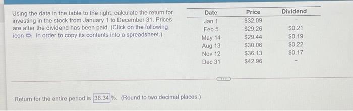  Dividend Using the data in the table to the right, calculate