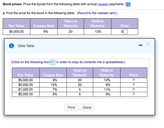  Bond prices. Price the bonds from the following table with annual