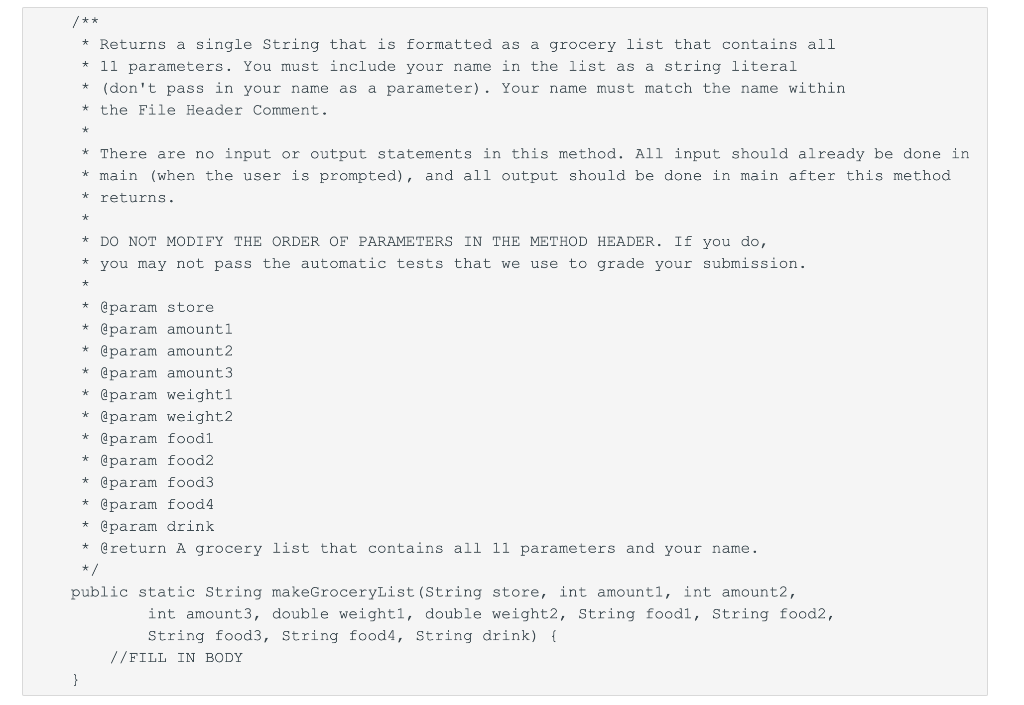 for each item as input and create a grocery list string that