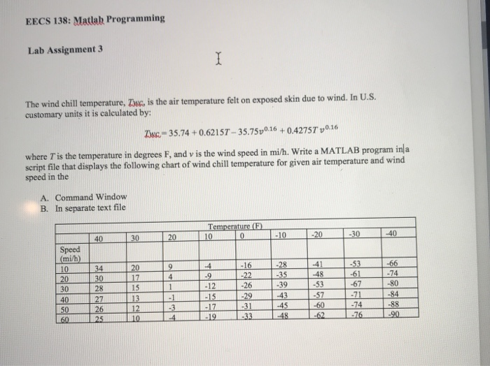  EECS 138: Matlab Programming Lab Assignment 3 The wind chill temperature,