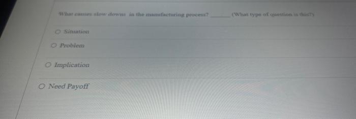  What causes slow downs in the manufacturing process? O Situation O