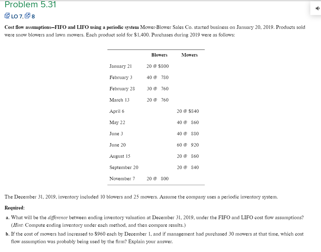  Problem 5.31 @LO 7,08 Cost flow assumptions-FIFO and LIFO using a