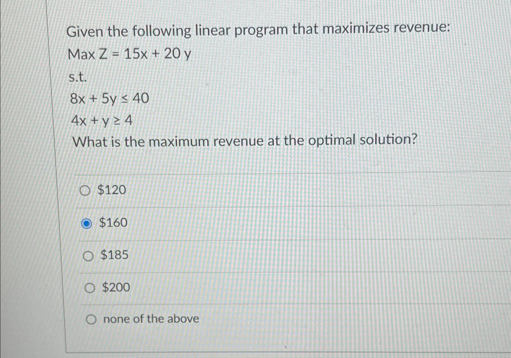  Given the following linear program that maximizes revenue: Max Z=15x+20y s.t.