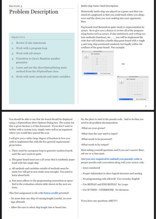  BattleShip.java by JOptionPane SECTION 3 Problem Description Battleship Game: brief description: