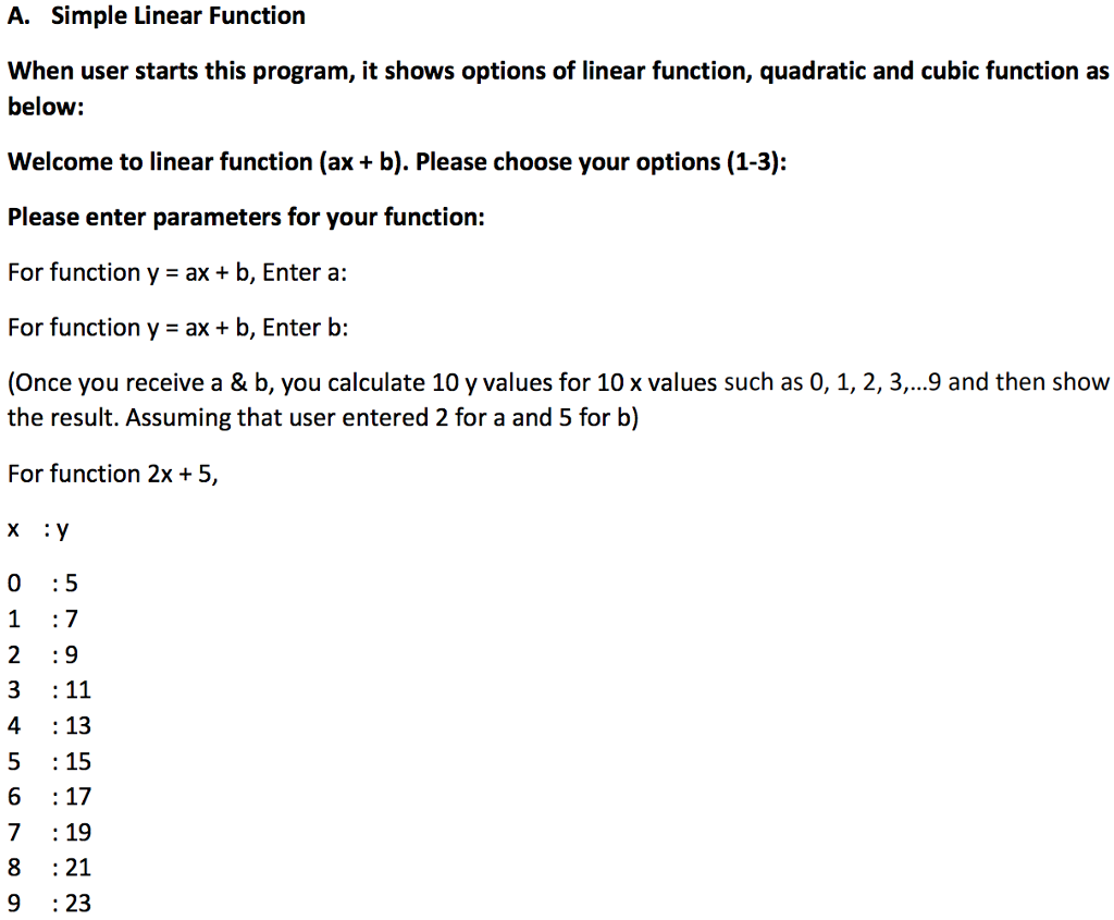 Python A. Simple Linear Function When user starts this program, it shows