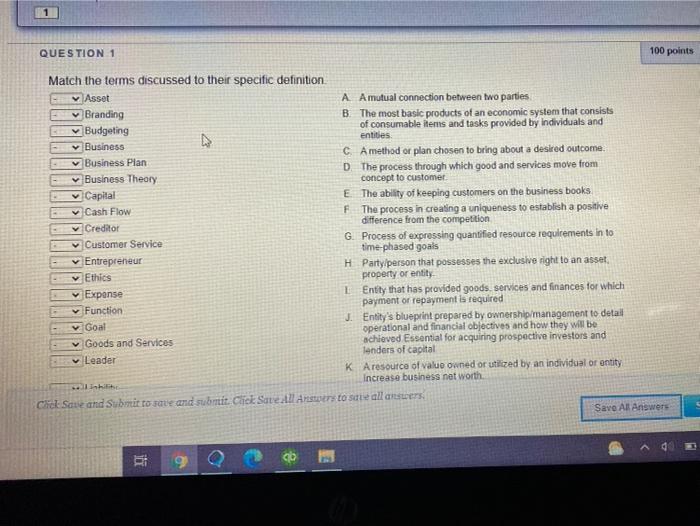  QUESTION 1 100 points V Match the terms discussed to their