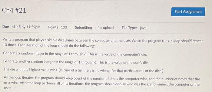 #21 JAVA Write a program that plays a simple dice game between